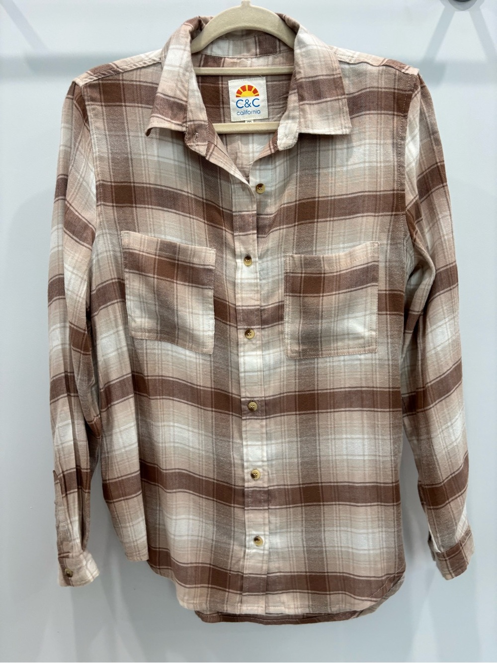 C&C California Brown and Cream Plaid Button-Down Shirt